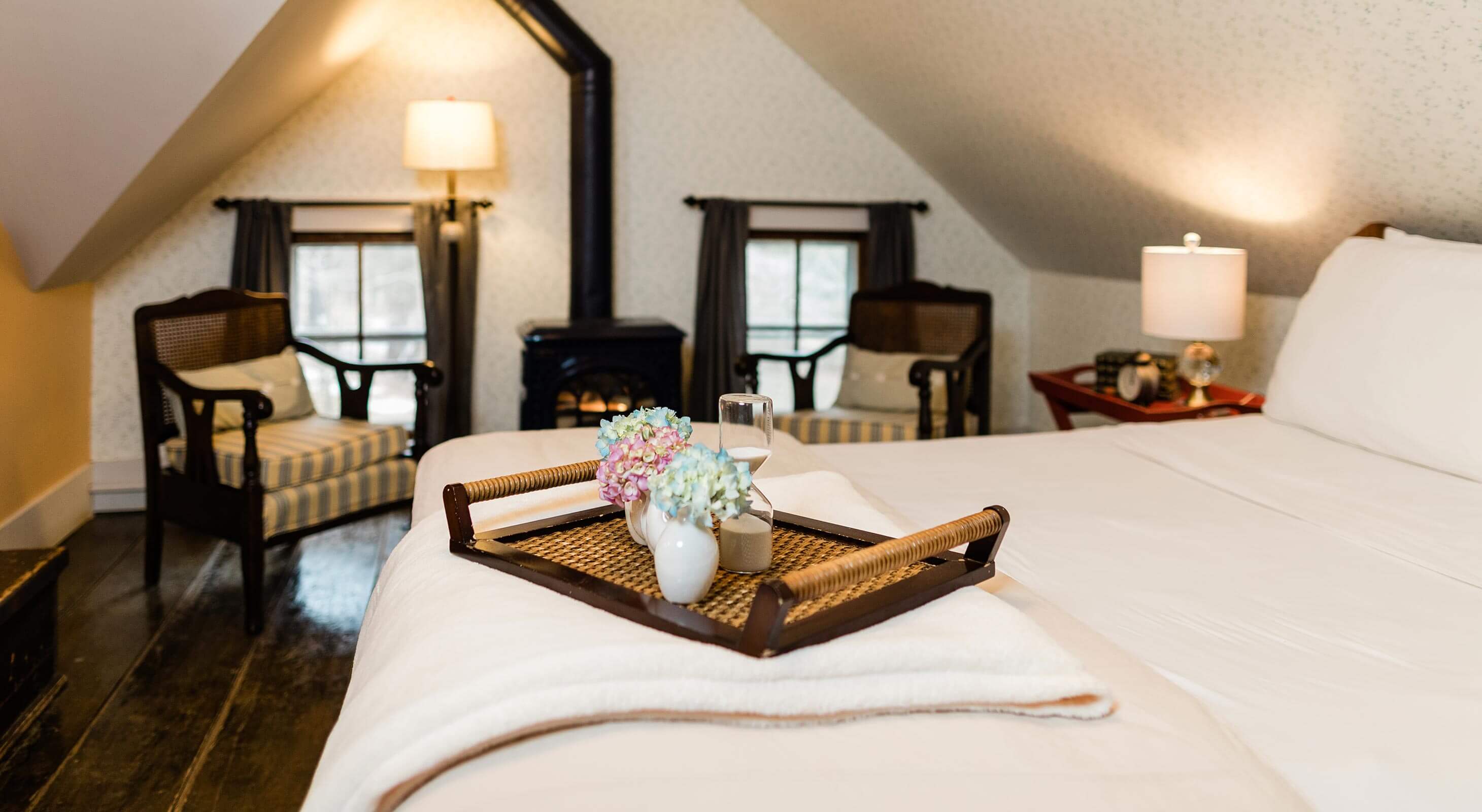 Flower tray on bed in the Aunt Leona room