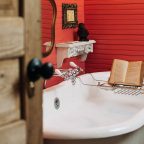 Bathtub with book tray inside the Cherry Room