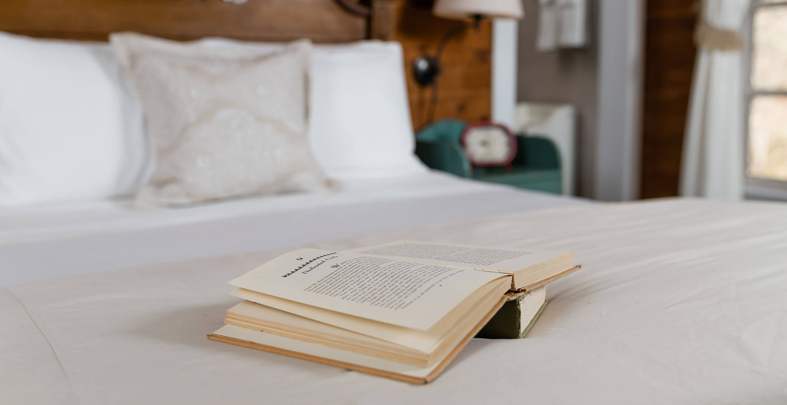 Book sitting on comfortable bed