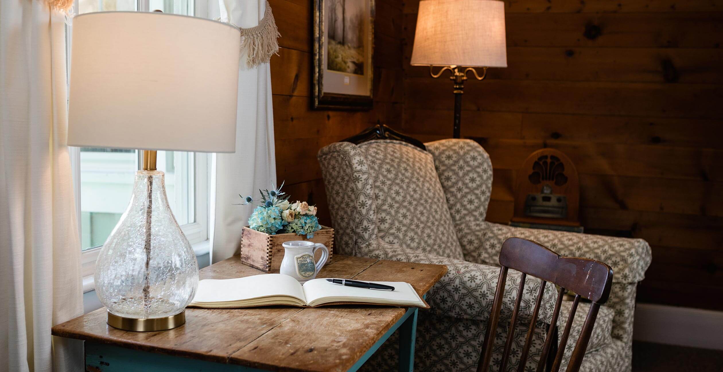 Sitting area with journal in the Elizabeth Gray Vining room