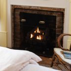 Warm fireplace in the Joe Mast room